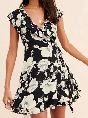 Free People Black & Cream Floral Wrap Mini Dress with Ruffle Trim
